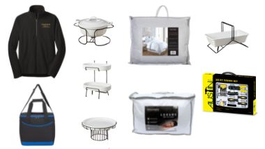Images of a Hollywood Black jacket, a blue cooler, 4 Denmark serving set, 20 piece driver set, 2 piece pillow set and one comforter.